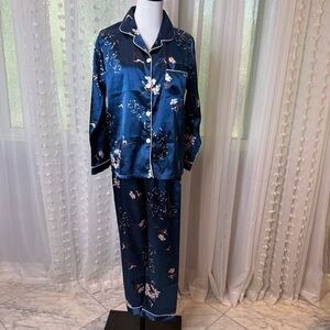 Floral Blue Satin 4-Piece Pajama Set